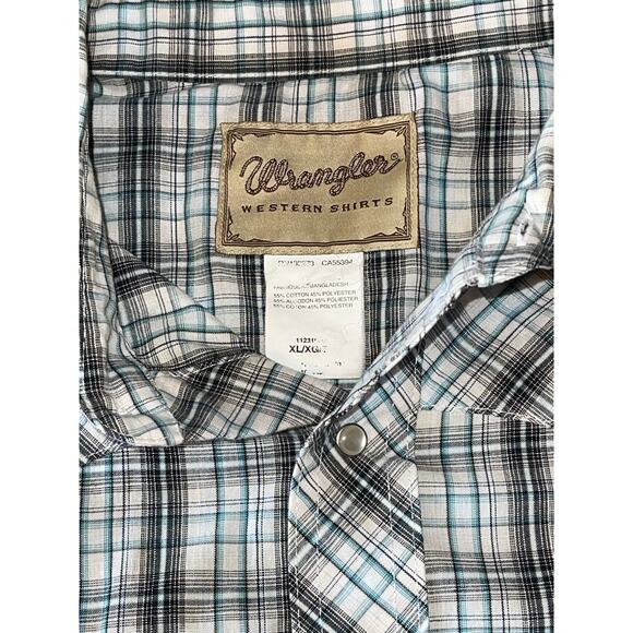Mens Wrangler Western Shirts Black Blue Plaid Short Sleeve Snap Button Shirt XL - Picture 6 of 7